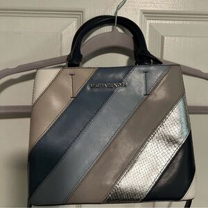 Michael Kors Women's Striped Leather Handbag - Blue, Silver, and Cream